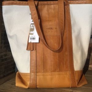 Canoe large leather and canvas bucket tote